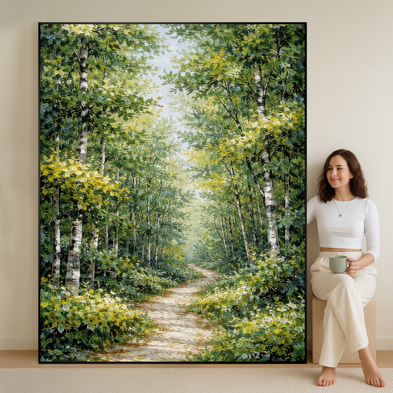 Très grand art mural imprimé sur un sentier forestier ensoleillé entouré de bouleaux verts luxuriants pour le salon ou la chambre à coucher - «Assemblage requis du cadre (cadre non fini)»