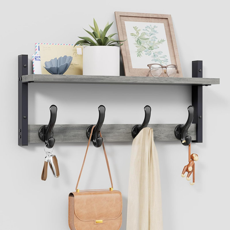 20" Rustic Coat Rack Wall Mount With Shelf, Wall Hooks With Shelf, Heavy Duty Entryway Organizer Hangers, Gray