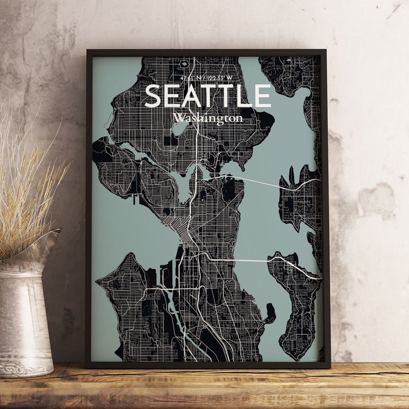 « seattle city map », reproduction d’impression sur affiche en minuit, H 20 po x l 16 po x P 0,05 po