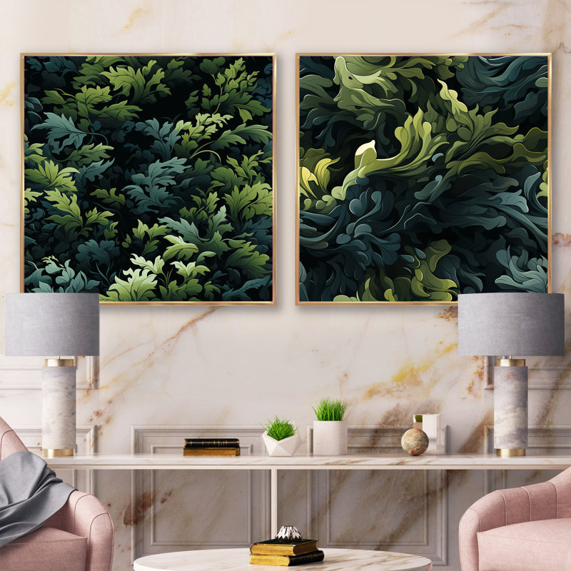 Enchanted Camo Illusion - ensemble de 2 collages carrés abstraits, H 30 po x l 61 po, Cadre flottant doré