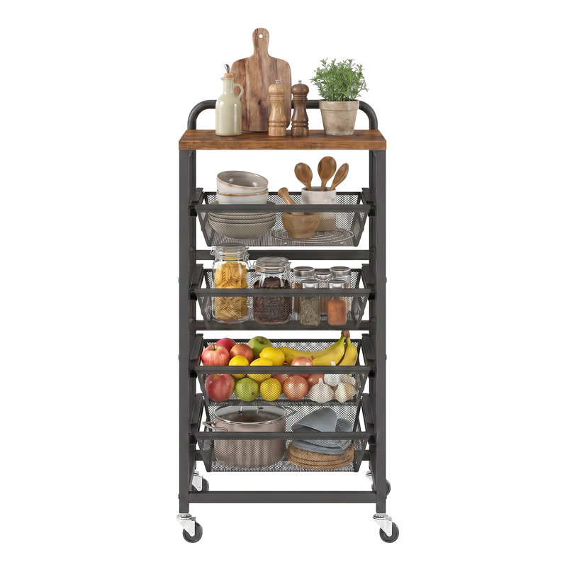 Chariot de rangement de cuisine à 5 niveaux avec paniers coulissants, chariot à roulettes, poignée