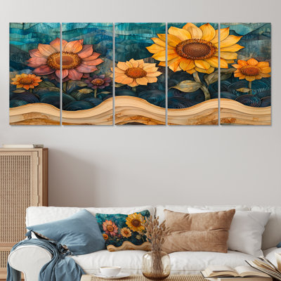 Donzell - Sunflowers Wall Art - Traditional Wall Art For Living Room 5 Piece