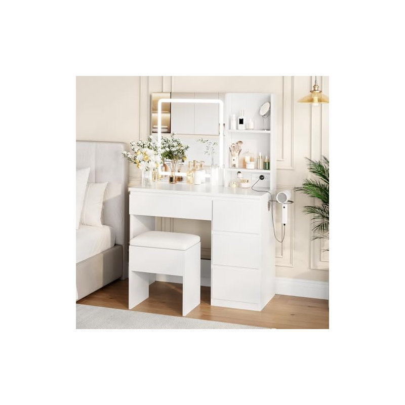 Vanity Desk with Mirror and Lights - Modern Makeup Dressing Table with Outlets, Storage Stool, 4 Drawers & Hair Dryer Holder
