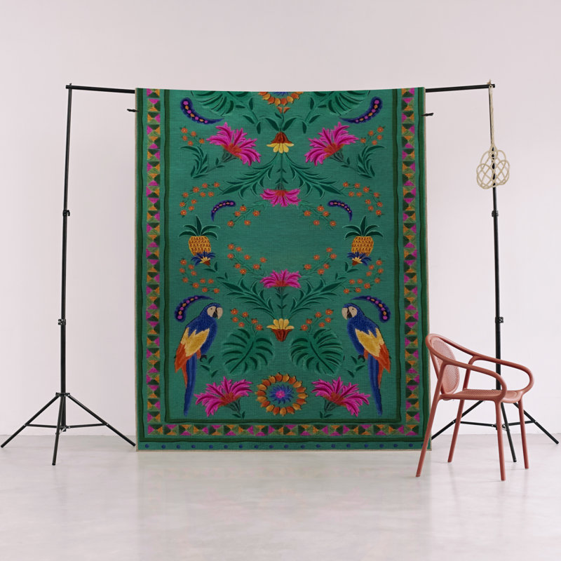 Tapis décoratif moderne vert à motif d'oiseaux et de fleurs, Tapis de couloir 3 pi 9,81 po x 9 pi 10,11 po