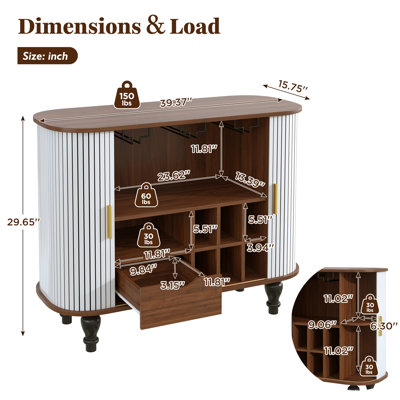 39" Fluted Liquor & Coffee Bar Cabinet with 6 Wine Racks and 3 Glass Holders, Mid-Century Modern Bar Cabinet with A Large Storage Drawer ,4 Hidden Storage Space on the Side , White