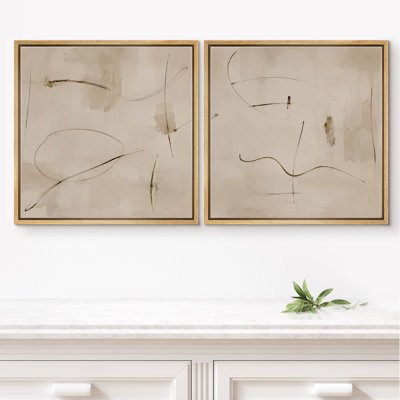 Simple Beige Line Botanical Abstract Sketch Set Framed Canvas Master Bedroom Wall Art Work 2 Pieces Print