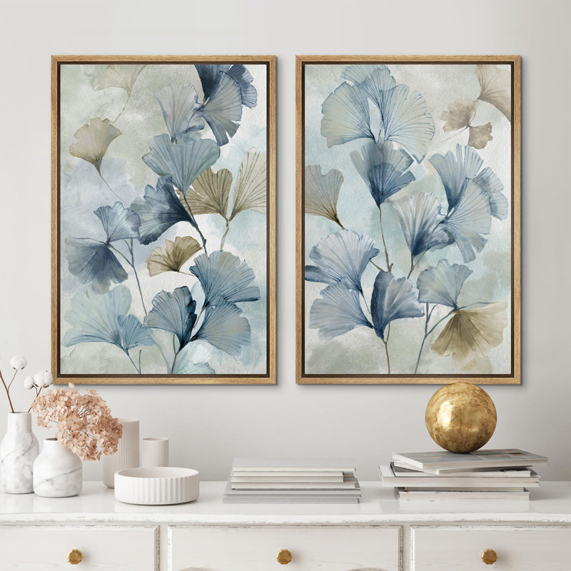 Blue Ginkgo Leaves Minimalist Abstract Botanical Modern - Framed Canvas Bedroom Wall Art Set 2 Print, Natural