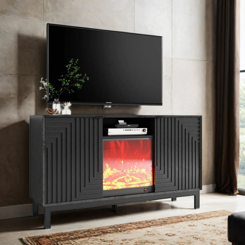 Meuble télé avec foyer électrique de 18 po, meuble télé Mid-Century avec tiroir et tablette, console multimédia pour le salon