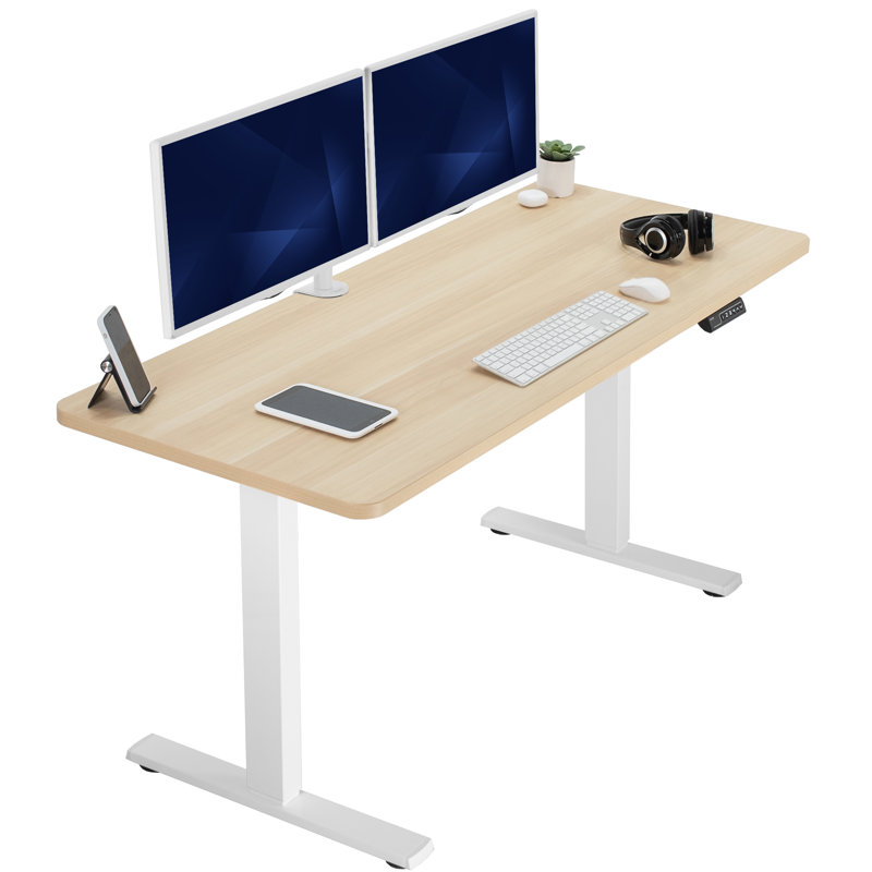 VIVO Single Motor Electric Desk with Push Button Memory Controller, 48.5" H x 60" W x 24" D, Light Wood/White