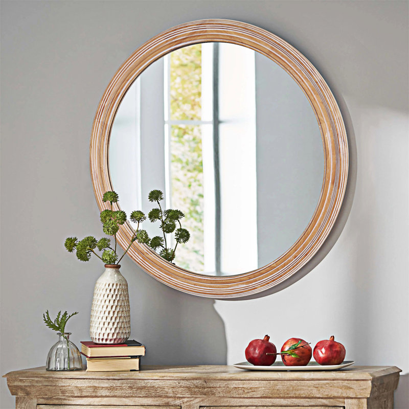 Round Wood Framed Wall Mirror