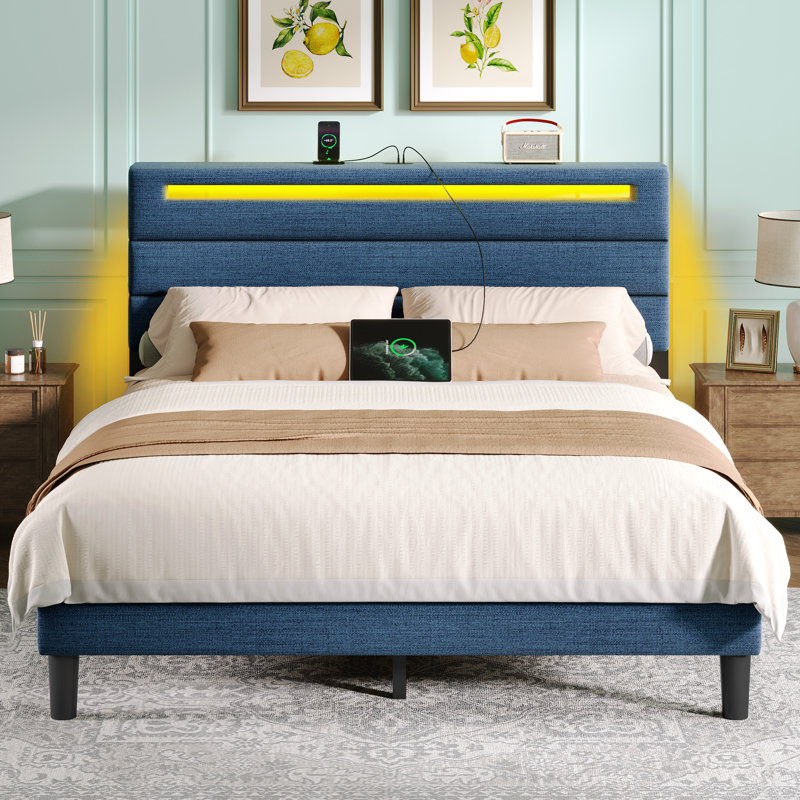 Platform Bed with Upholstered Headboard ,Bed Frame with LED lights and Charging Station, Blue, Queen