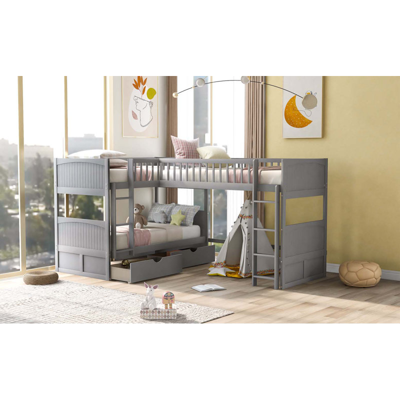 Lit superposé simple avec lit mezzanine, deux tiroirs, gris, Gris