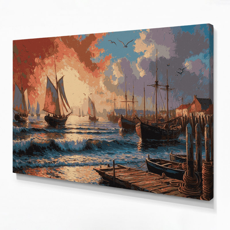 «Coastal Harbor Scene», art mural sur toile brune, H 8 po x l 10 po