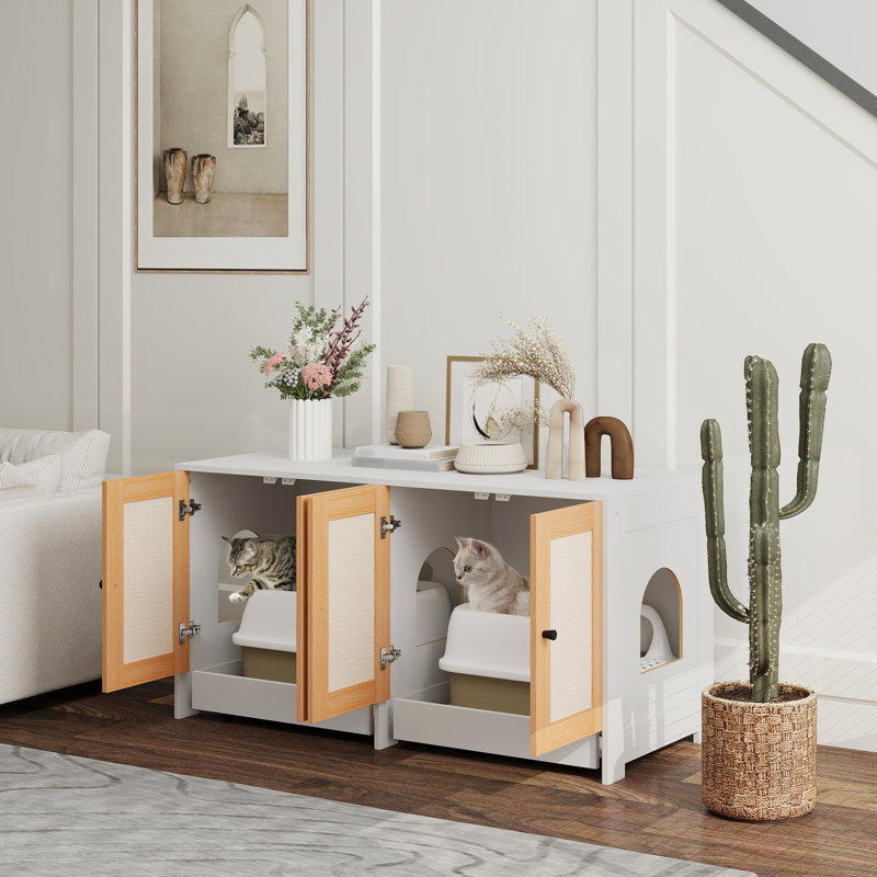 Enceinte de litière pour chat avec 2 cabines pour 2 chats, blanc