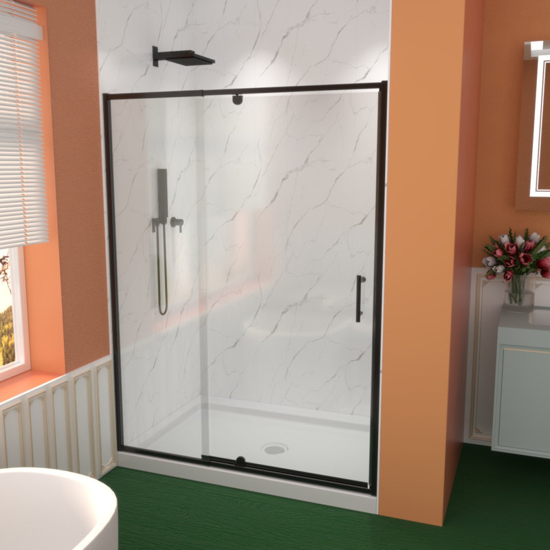 Porte de douche pivotante en verre pivotant, l 54 po x H 71 po, verre trempé clair de 1/4 po, cadre pivotant, durable et facile à installer