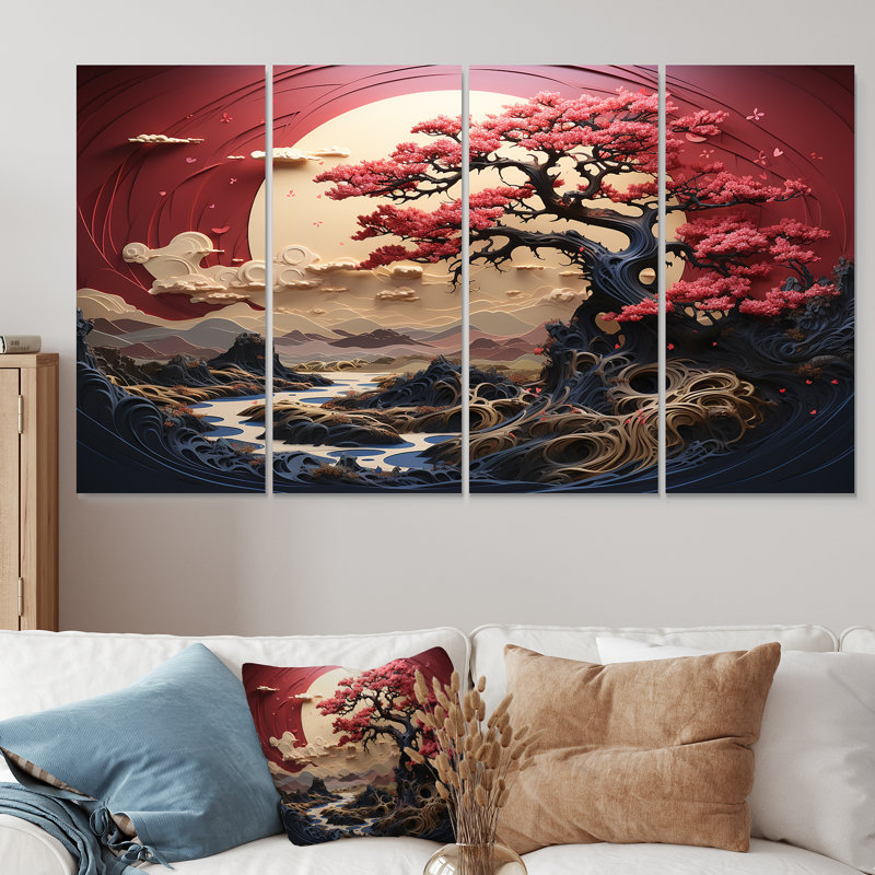 «Red Flower and Flower Garden II» - Fleurs, art mural 4 pièces pour le salon, H 28 po x l 48 po