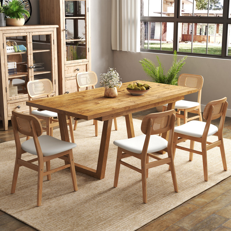 Farmhouse Dining Table Set, Solid Wood Extendable Dining Table And Rattan Back Dining Chair For Dining Room/Kitchen/Living Room