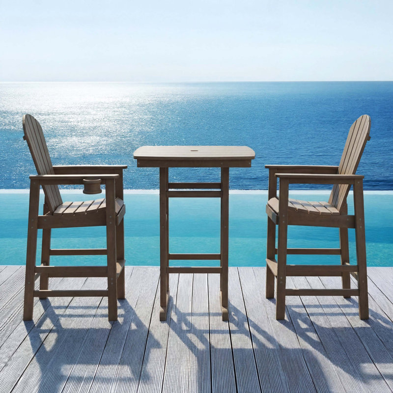 3-Piece HDPE Bar-Height Patio Bistro Set, Square High Top Pub Table And 2 Bar Chairs, All-Weather Outdoor Dining Set, Antique Oak Finish