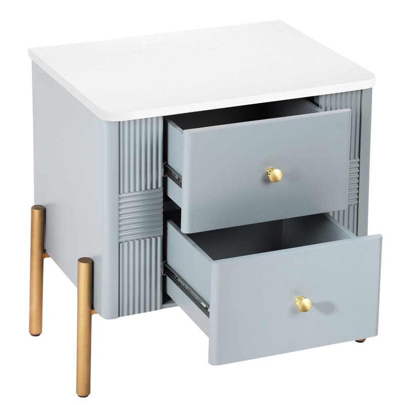 Table de bout cannelée bleue avec poignées dorées, 2 tiroirs spacieux, - tablettes antidérapantes, accents métalliques multifonctionnels, deux tiroirs pour livres et magazines,