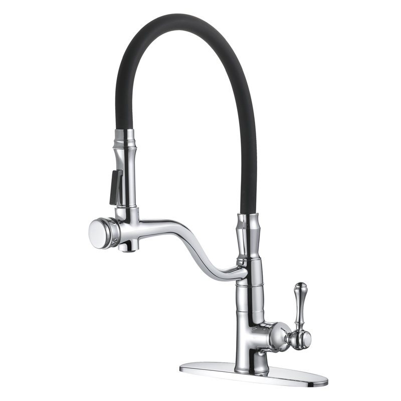 Robinet de cuisine rétractable à poignée simple avec tuyau en col de cygne et laiton massif, Chrome