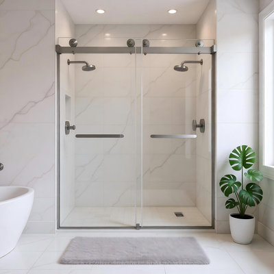 Frameless Double Sliding Shower Door 56-60 "w X 74" H, 5/16 "(8mm) Tempered Glass, Explosion Proof Film, Stainless Steel Handle, Square Tube Track,brushed Nickel