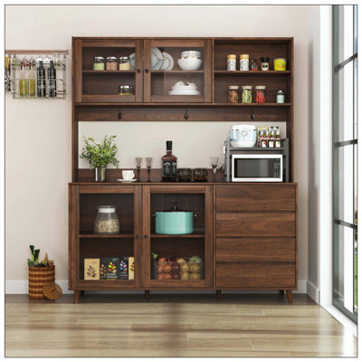63" Large Kitchen Freestanding Hutch Pantry Cabinet with 4 Doors, 4 Drawers & Microwave Shelf