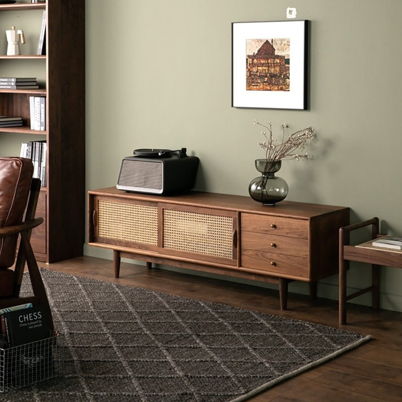 Meuble télé moderne en rotin simple, 70.9", Noir noyer
