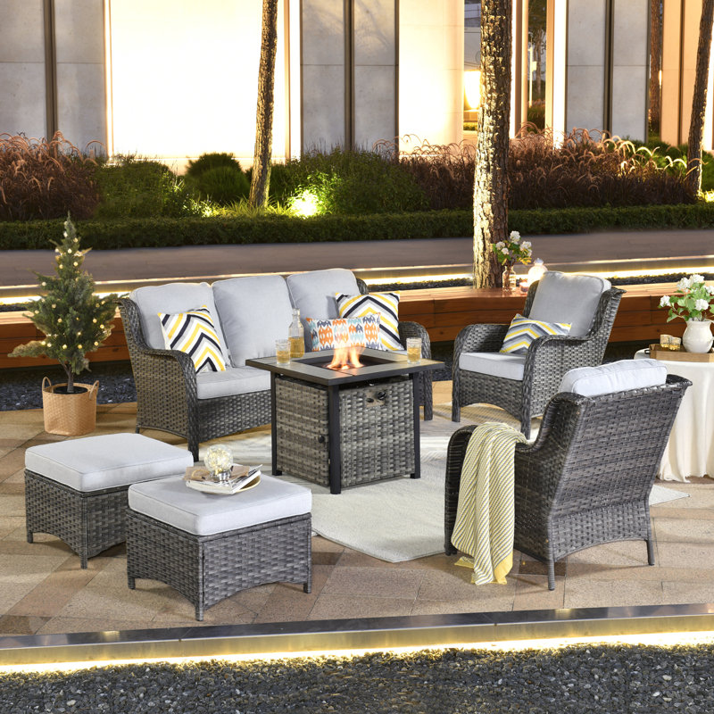 Klodjana Premium All-Weather Wicker 5 - Person Patio Conversation Set with Cushions, Gray, Gray
