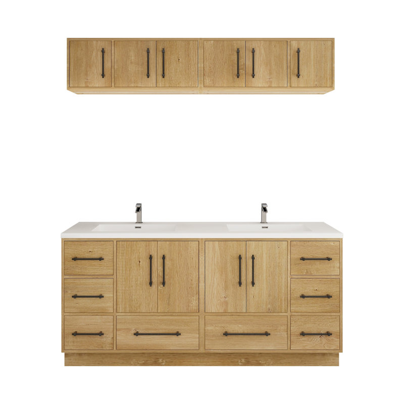 Meuble-lavabo autoportant de 72 po avec double lavabo en acrylique renforcé Victoria, Chêne