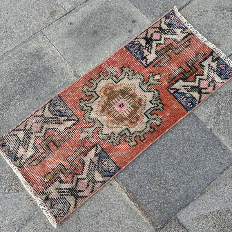 Handwoven Vintage Turkish Rug in Orange with Intricate Geometric Patterns for Boho Decor