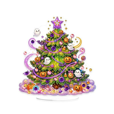 Halloween Decor Halloween Tree Diamond Art Kit With Acrylic Stand DIY Tabletop Painting Board Pumpkin Ghost Themed 5D Ornament Desktop Diamond Art