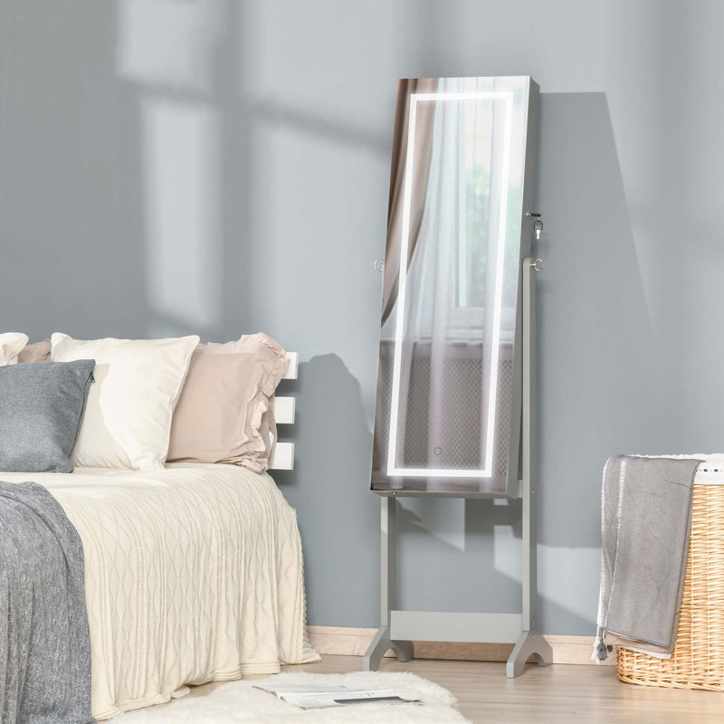 Armoire à bijoux sur pied avec éclairage à DEL, organisateur de bijoux verrouillable avec miroir pleine longueur et 4 angles réglables