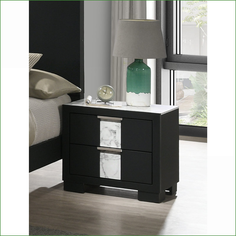 Table de chevet contemporaine en bois noir / blanc avec deux tiroirs en métal