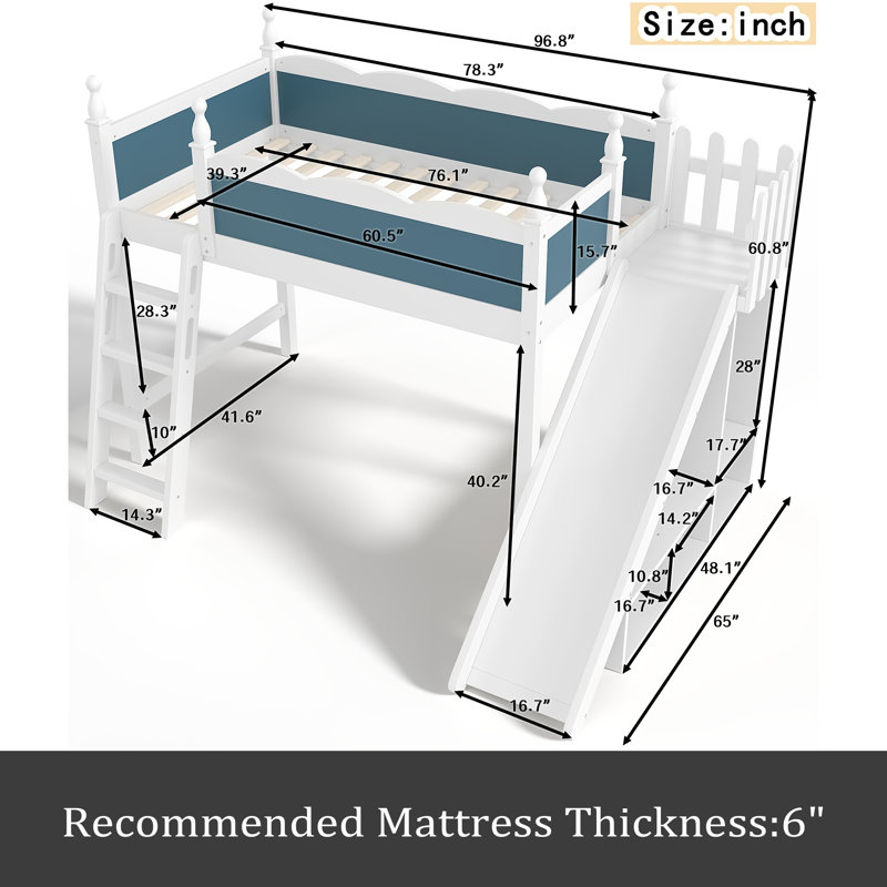 Lit mezzanine simple avec tablettes de rangement et garde-robe, Lit simple, Bleu