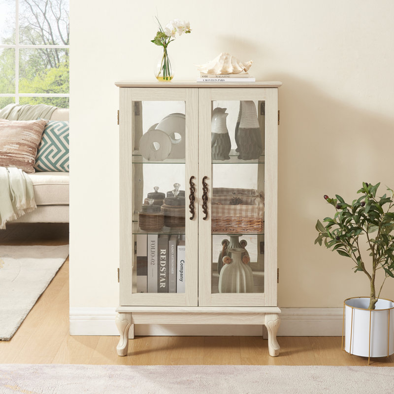 2 Doors Curio Cabinet With Tempered Glass Doors, Curio Cabinets With Mirrored Back Panel And Adjustable Shelves,Ed Display Cabinet For Home, Office Bulb Included
