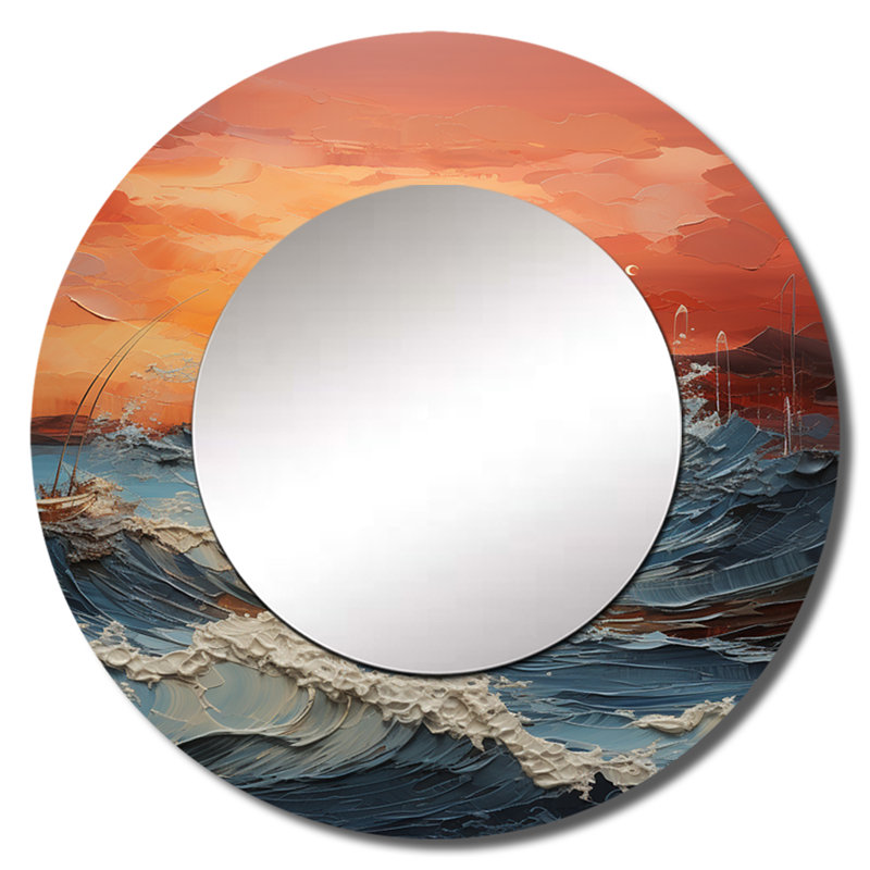 Serdar Bold Beach Sunset Scenery III - miroir côtier coucher de soleil, miroir mural rond bleu, impression sur métal