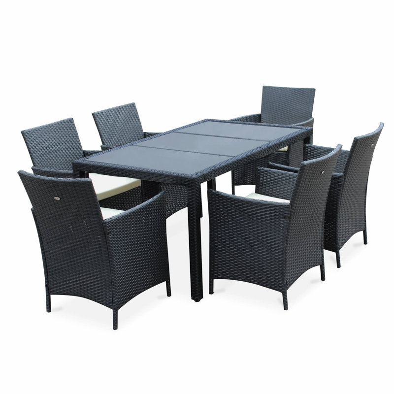 Ratchford 6 - Person Patio Dining Set Rectangular Table with Cushions Included, White, Black