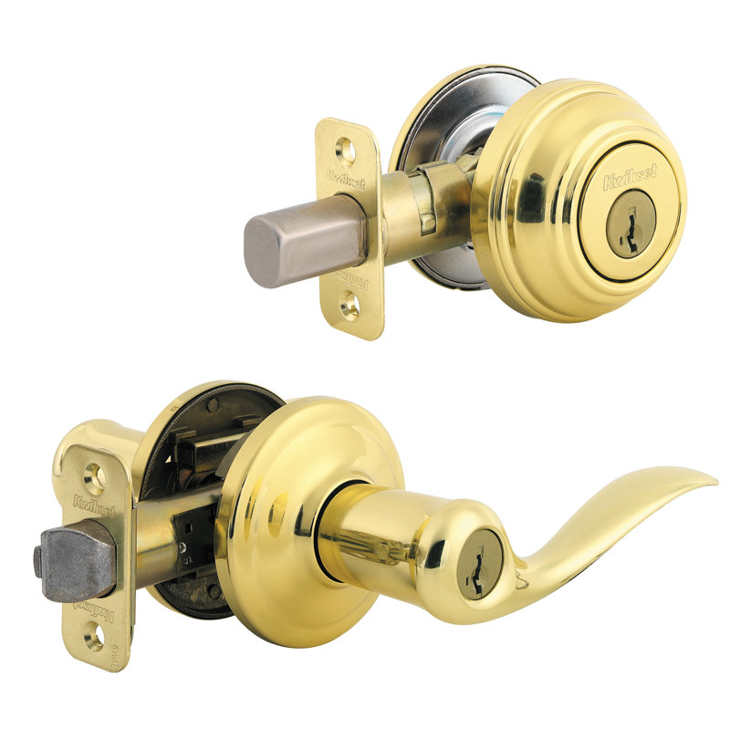Complete Tustin Entry Lever Set with Single Cylinder Deadbolt, Polished Brass