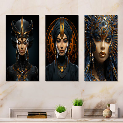 Gold And Black Queen Nefertiti Of Egypt Portrait I - Egyptian Woman Metal Wall Art Living Room Set Of 3