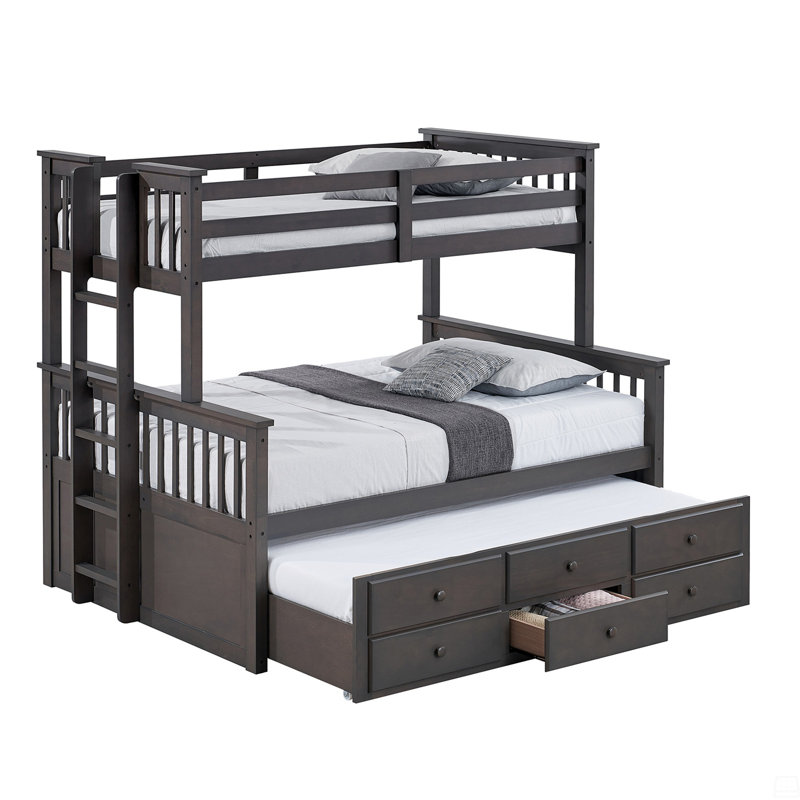 Lit simple superposé au dessus d'un lit double avec échelle et tiroirs sous le lit, Gris