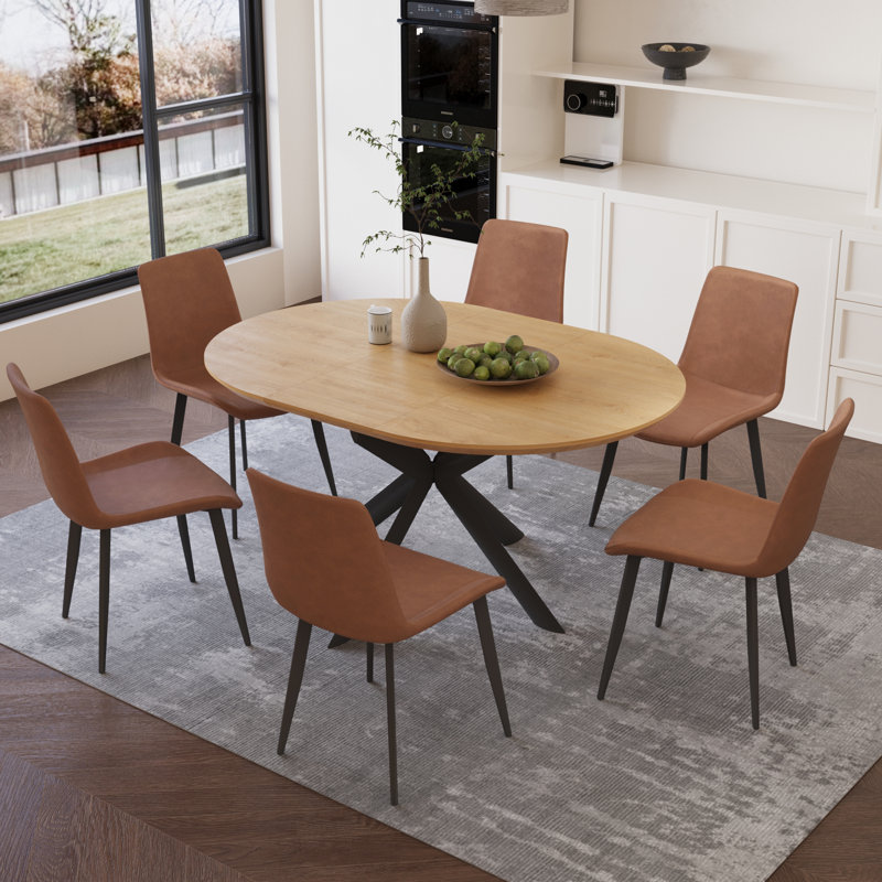 Ensemble de table de salle à manger ovale 7 pièces avec 6 chaises assorties pour la salle à manger, Brun
