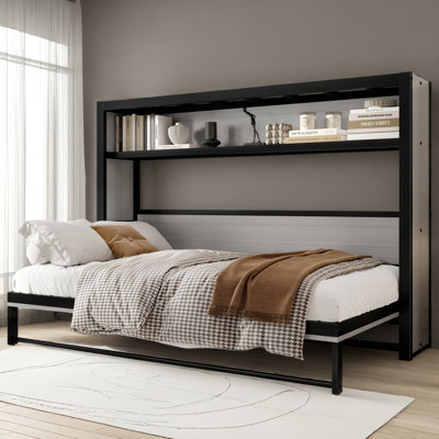Twin Size Murphy Bed with Shelves and USB, Foldable Space-Saving Metal Wall Bed Frame for Guest Room or Home Office