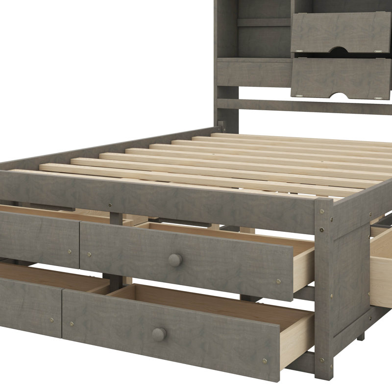 Grand lit plateforme avec tête de lit avec rangement et 8 tiroirs, Gris, Grand lit