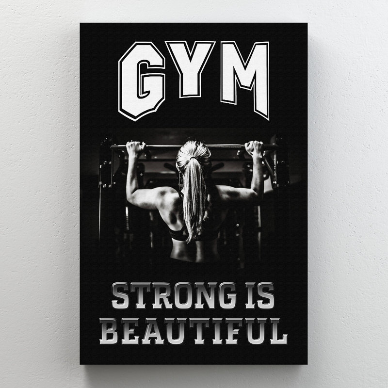 «Girl and Gym» sur fond noir - Strong Is Beautiful - 1 pièce, impression d'art graphique rectangulaire sur toile tendue