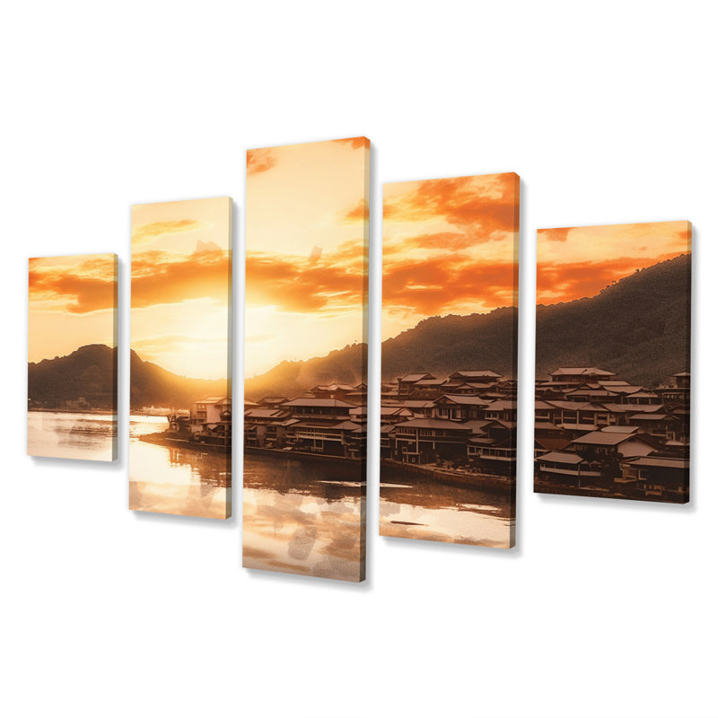 Coucher de soleil sur la baie avec montagnes rétro paysage marin - impression d'art mural asiatique - 5 panneaux