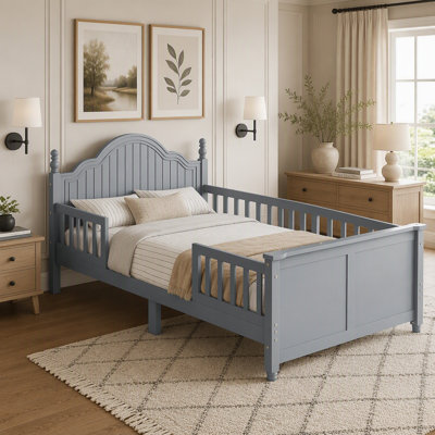Lit plateforme en bois avec tête de lit, pied de lit et barrières de sécurité pour enfants