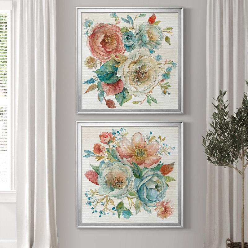 Rose Garden I - ensemble de 2 reproductions, H 34,5 po x l 69 po x P 1,5 po, Toile encadrée argentée, Pas de tapis
