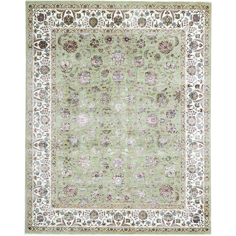 Tapis vert clair et ivoire noué à la main de haute qualité, Rectangle 5 pi x 8 pi