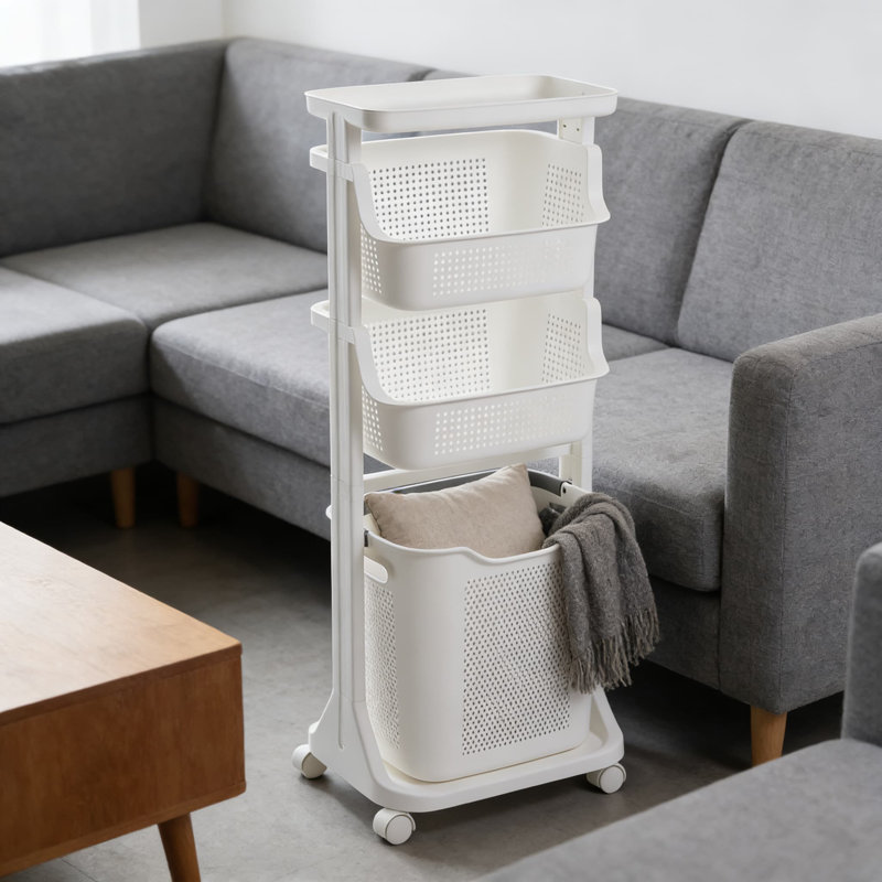 Support de rangement vertical blanc pour salle de bain, modèle à trois couches, panier à linge multifonctionnel de grande capacité avec tablette de rangement, panier à vêtements pliable pour la maison, la salle de lavage et l'organisation de dortoir