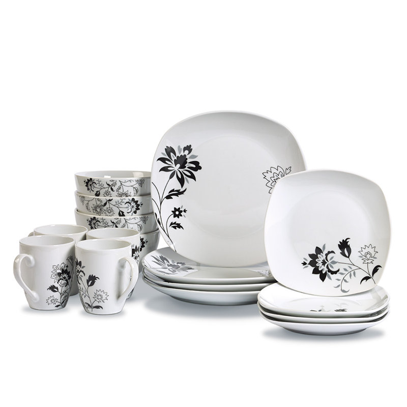 Rebecca Square White and Black Floral Porcelain Dinnerware Set, Service for 4